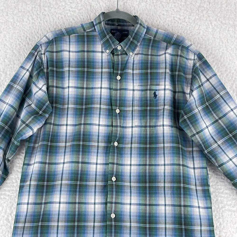 Ralph Lauren Green Blue Plaid Button-Down‎ Shirt Teen Boys Long Sleeve Size XL